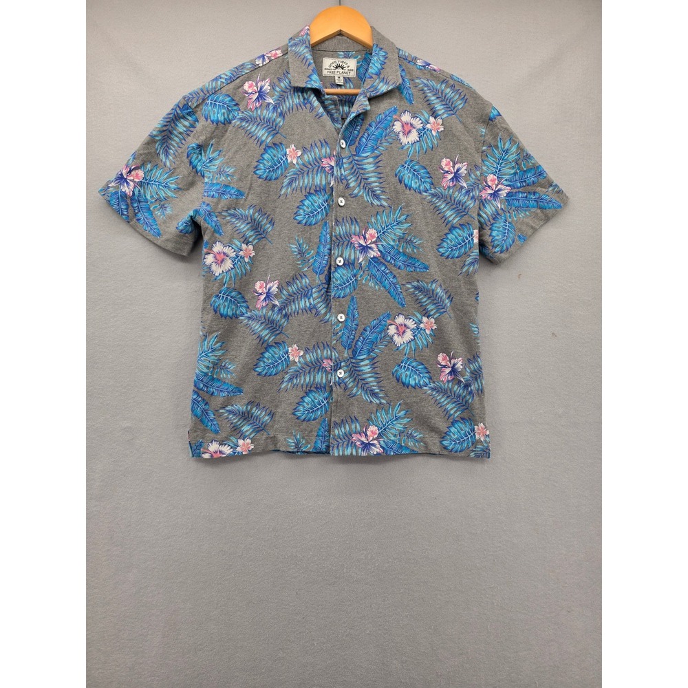 Free Planet Mens Tropical Floral Button Down Shirt Gray Blue Hibiscus Medium M